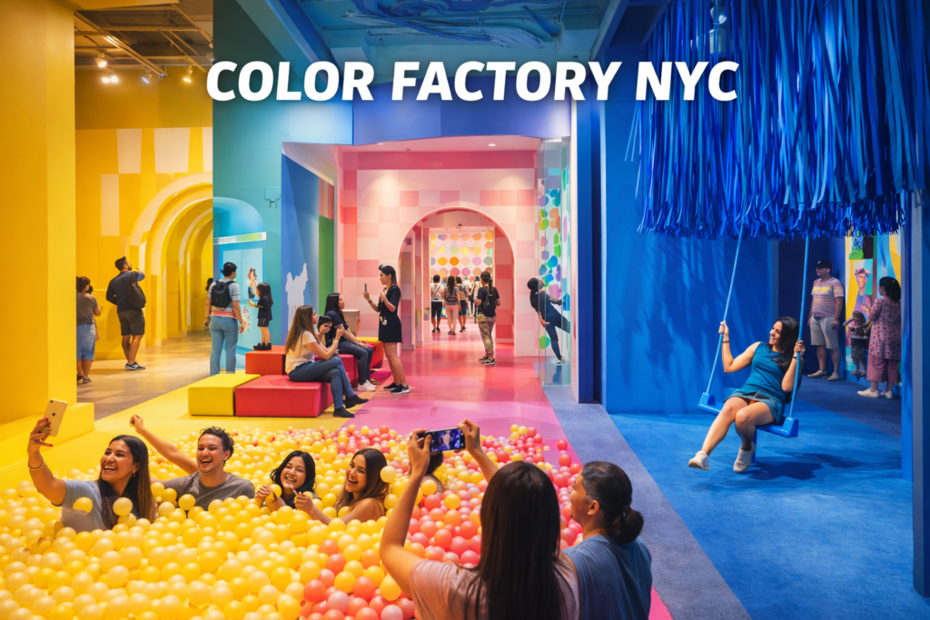 Color Factory NYC immersive art experience featuring vibrant color rooms interactive installations and visitors enjoying playful exhibits in Manhattan