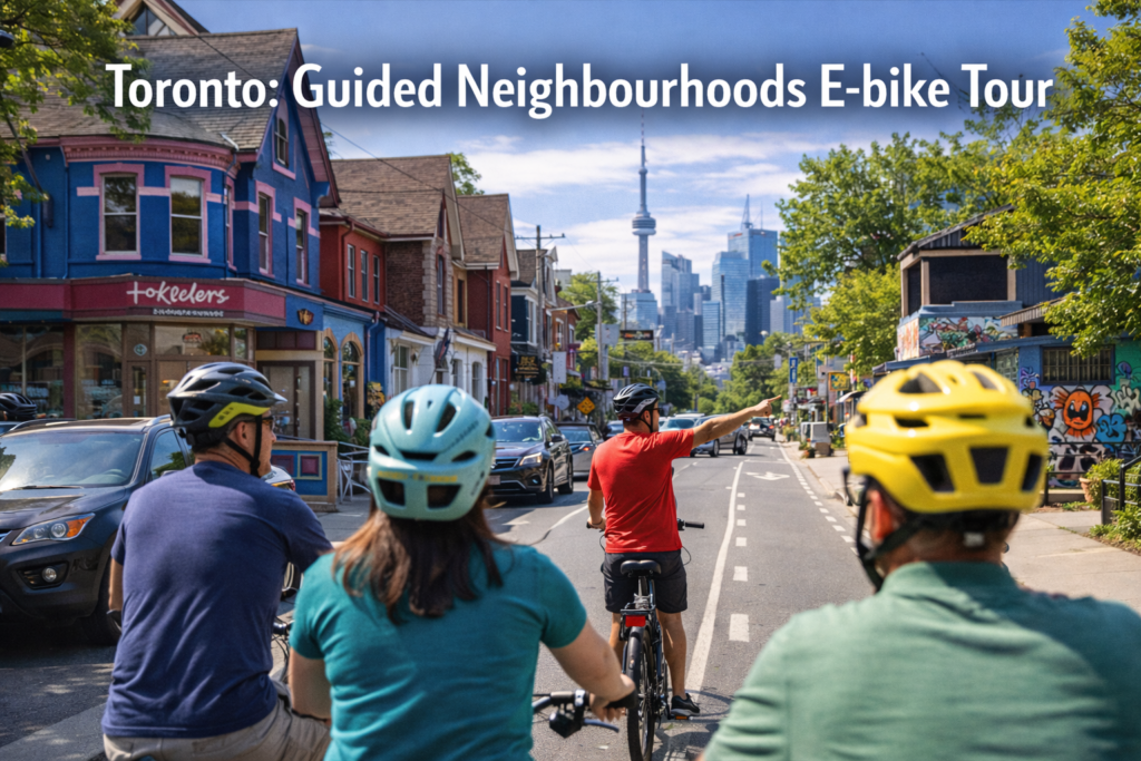 Toronto guided neighbourhoods e-bike tour with cyclists riding through colorful streets toward the CN Tower and downtown skyline in bright daylight
