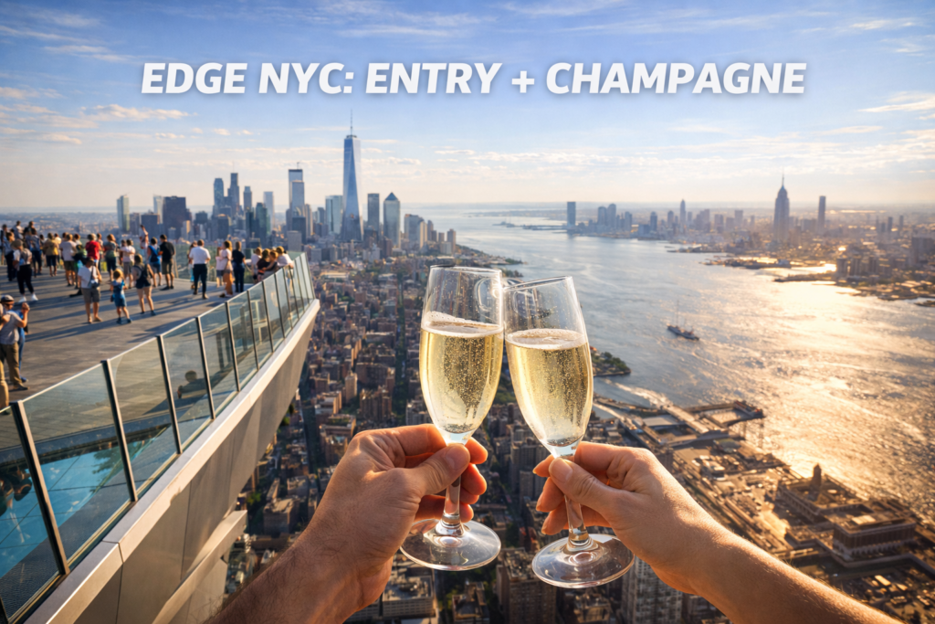 Edge NYC observation deck with champagne toast overlooking Manhattan skyline Hudson River and iconic New York City landmarks at sunset
