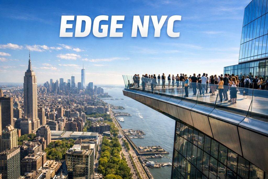 Edge NYC observation deck in New York City with glass floor and angled glass walls overlooking the Manhattan skyline and Hudson River in bright daylight