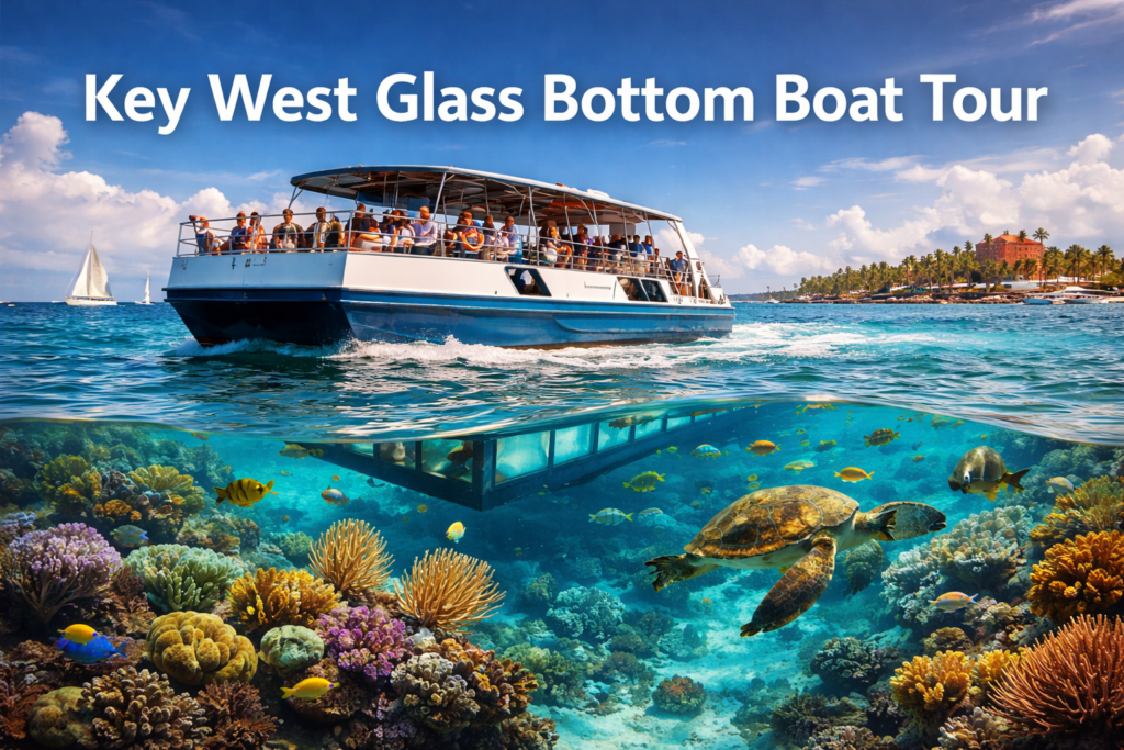 Key West glass bottom boat tour showing coral reefs, tropical fish, and a sea turtle beneath clear turquoise water with passengers enjoying the scenic ocean ride