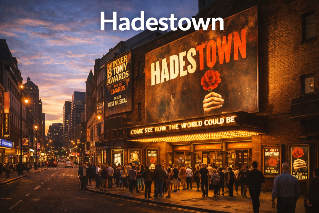 Hadestown musical cinematic stage-inspired landscape with dramatic lighting, mythic underworld atmosphere, and bold Hadestown title text in a wide 16:9 composition