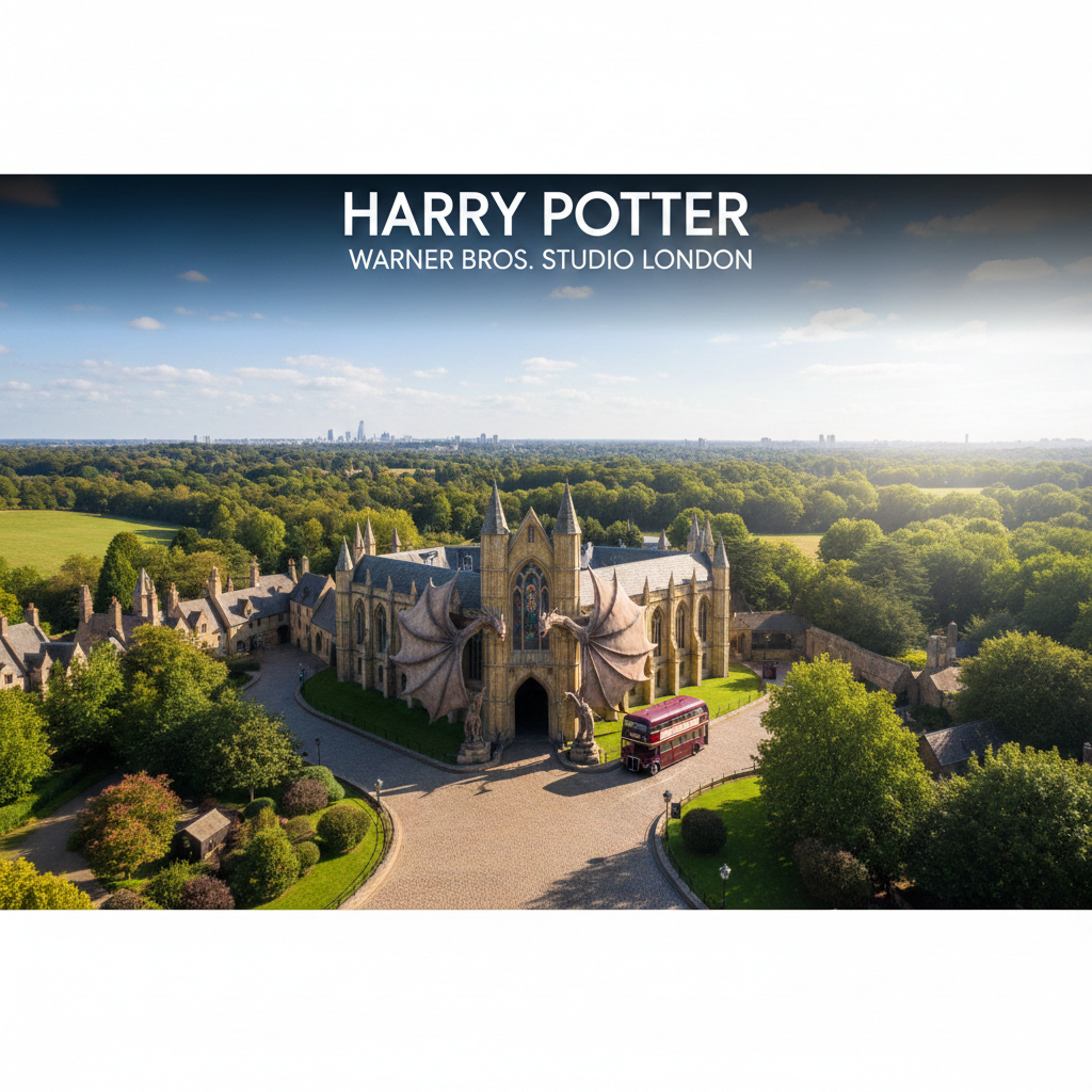 Cinematic aerial view of Warner Bros. Studio Tour London entrance with a Knight Bus, dragon architecture, and lush greenery under a bright sky.