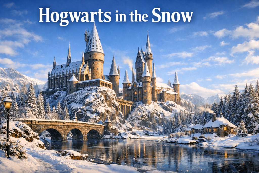 Hogwarts Castle covered in snow during winter with frozen Black Lake, glowing towers, stone bridge, and snowy forest under bright daylight creating a magical cinematic landscape