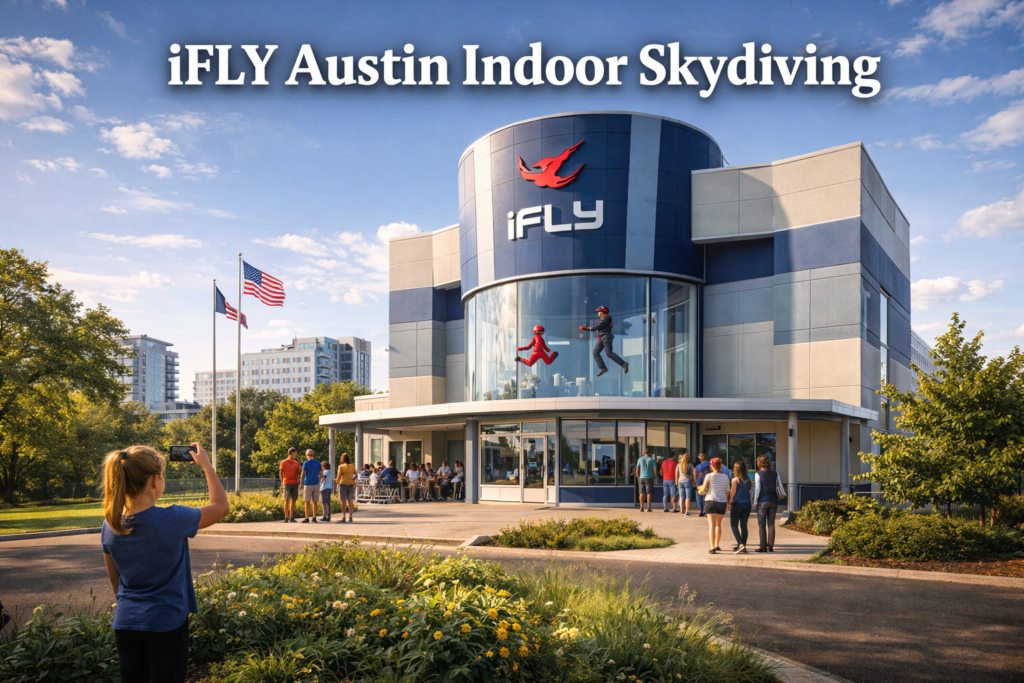 iFLY Austin Indoor Skydiving facility with modern wind tunnel building skydivers flying indoors and visitors watching under bright Texas daylight