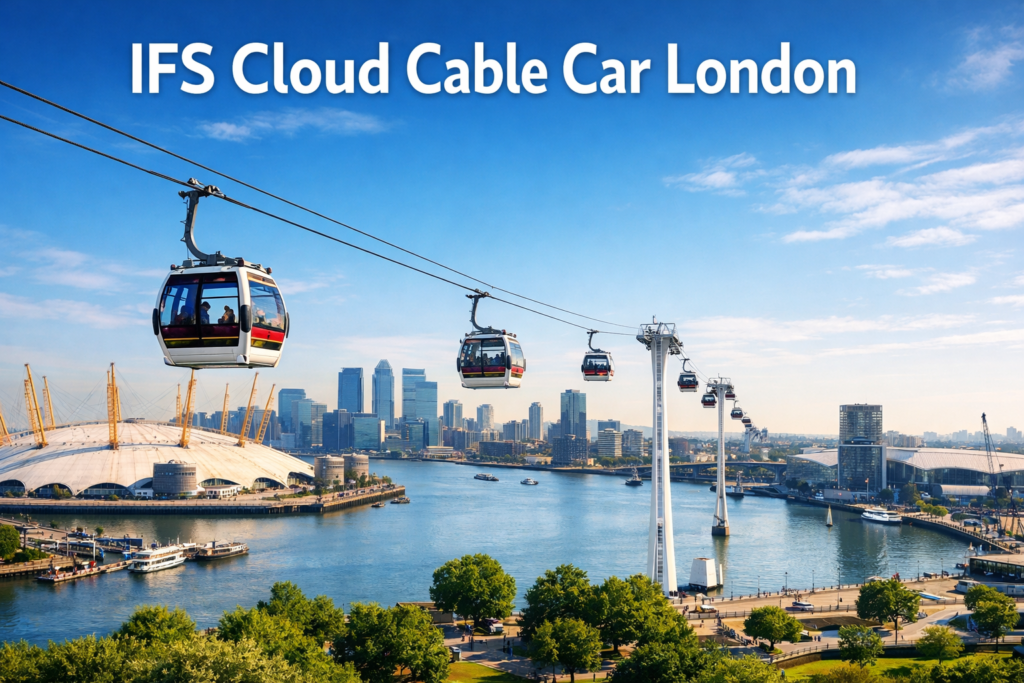 IFS Cloud Cable Car London crossing the River Thames with panoramic skyline views of The O2 Arena Canary Wharf and Royal Docks under bright blue skies