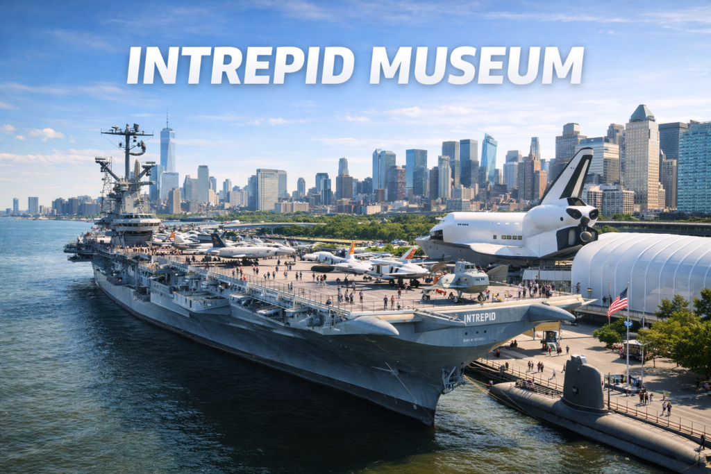 Intrepid Museum in New York City with the USS Intrepid aircraft carrier military jets and the Space Shuttle Enterprise along the Hudson River under bright daylight