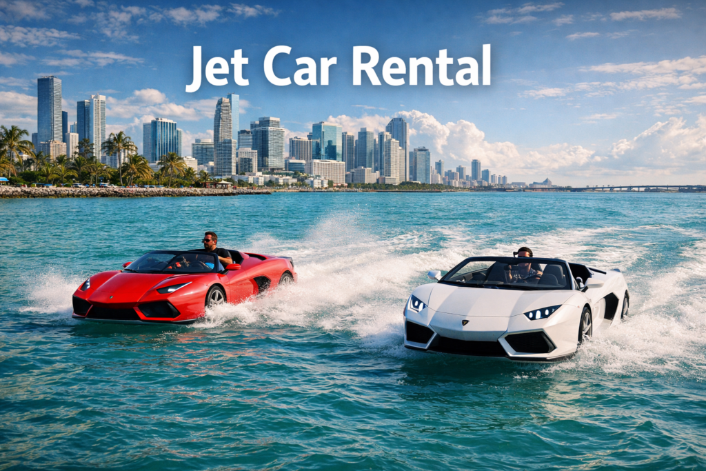 Jet car rental experience with luxury supercar styled jet cars speeding across turquoise water against a modern coastal skyline in bright daylight