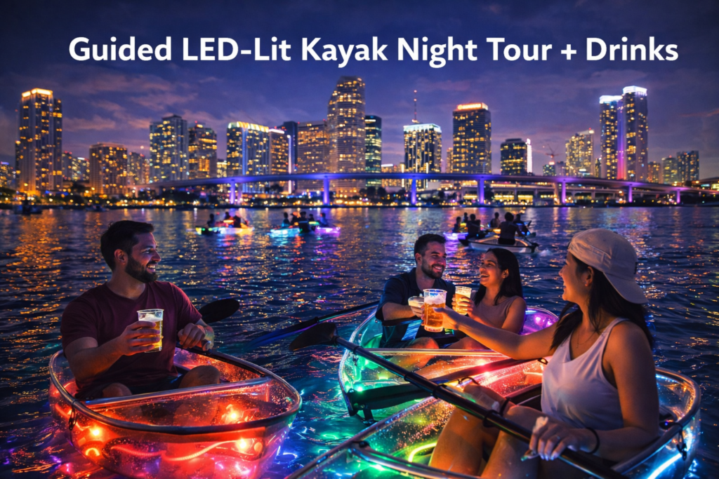 Guided LED-lit kayak night tour in Miami with glowing transparent kayaks, city skyline reflections, and guests enjoying drinks on calm water