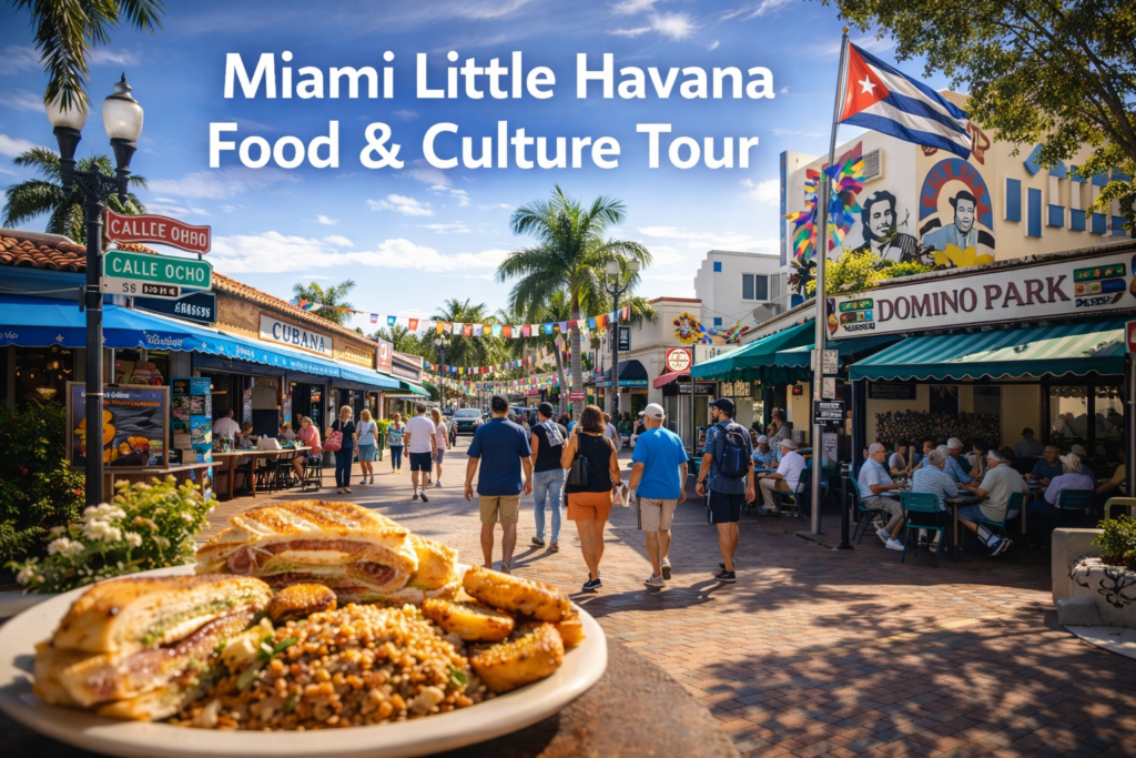 Miami Little Havana Food and Culture Tour on Calle Ocho with Cuban food, colorful murals, Domino Park, and lively street atmosphere under bright daylight.