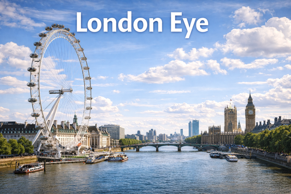 London Eye Ferris wheel on the River Thames with Westminster skyline Big Ben and modern London cityscape under bright daylight