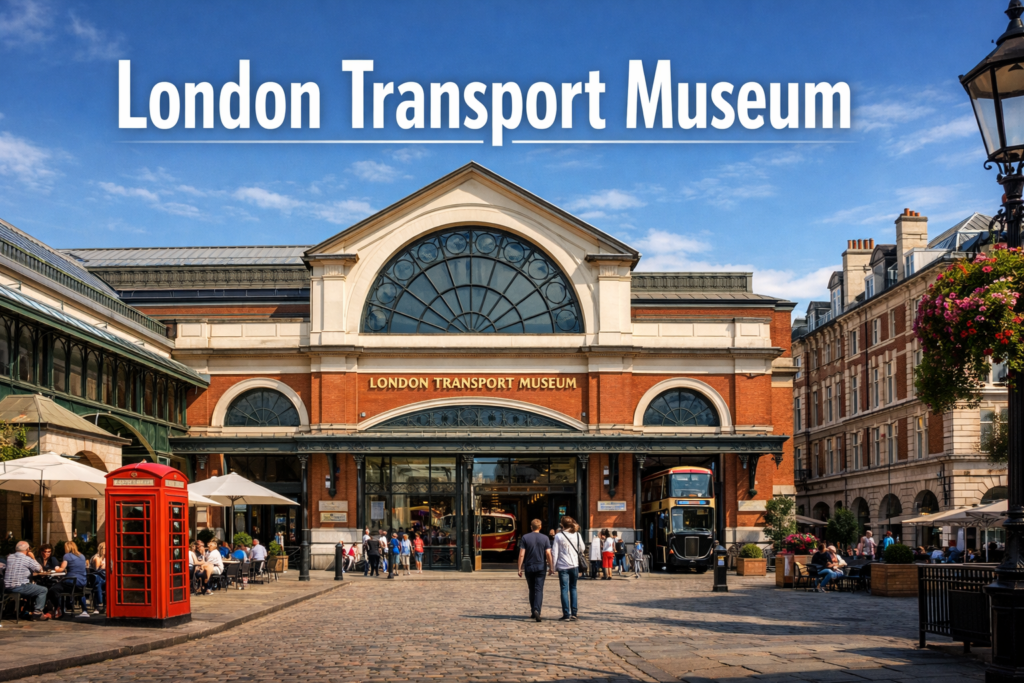 London Transport Museum in Covent Garden with historic red buses, classic architecture, and visitors enjoying the lively piazza under bright daylight