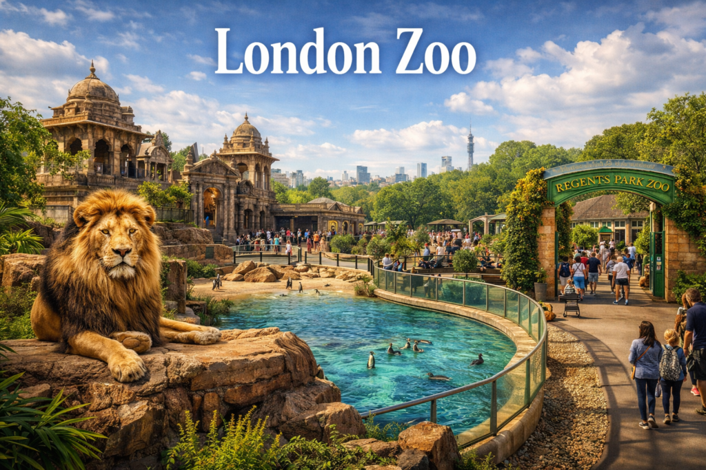 London Zoo in Regent’s Park featuring a lion enclosure, Penguin Beach, historic zoo architecture, and visitors enjoying scenic walkways under bright daylight