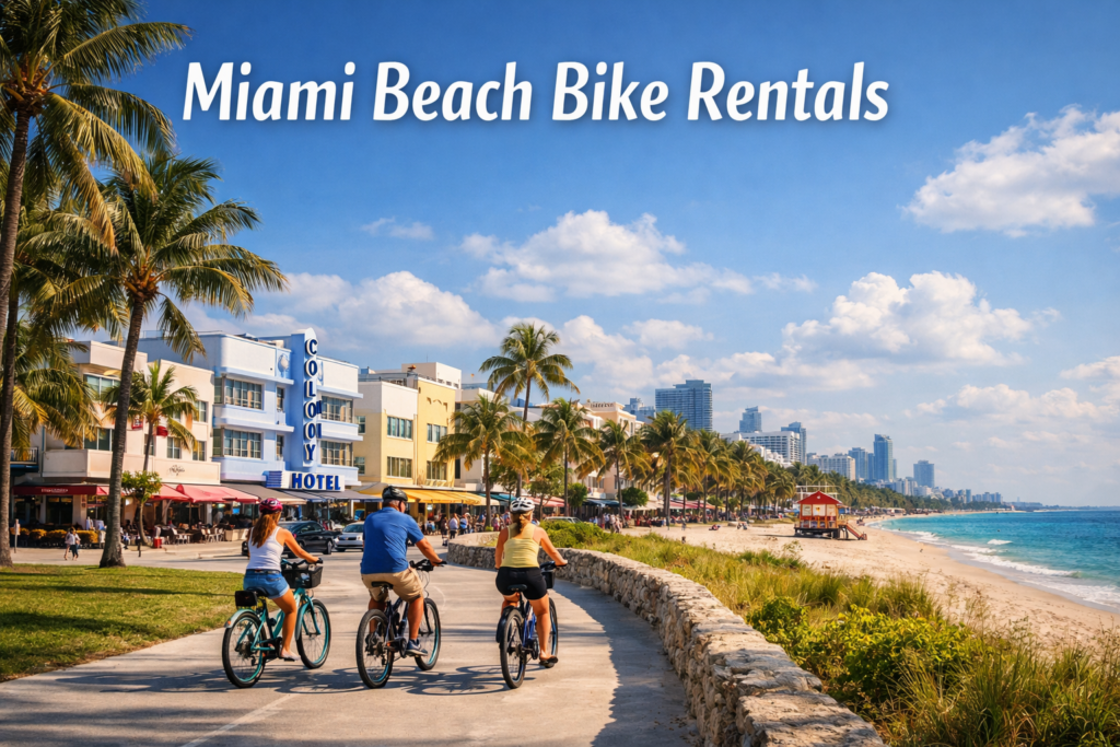 Miami Beach bike rentals along Ocean Drive with cyclists riding beside palm trees, Art Deco buildings, sandy beaches, and turquoise ocean under bright Florida daylight