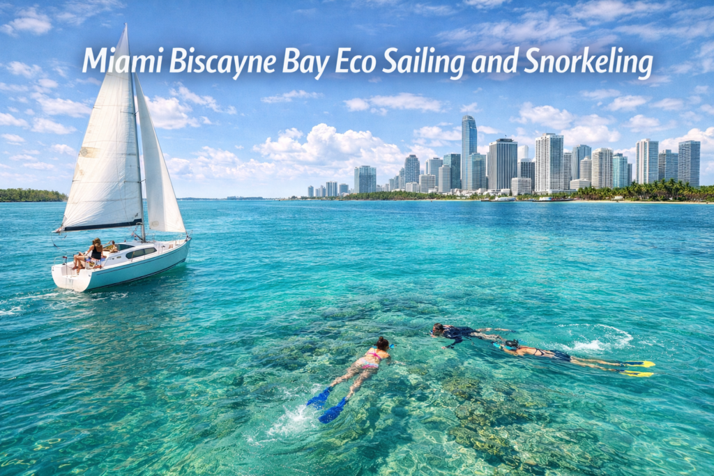 Miami Biscayne Bay eco sailing and snorkeling experience with a sailboat, snorkelers in clear turquoise water, and the Miami skyline under bright daylight