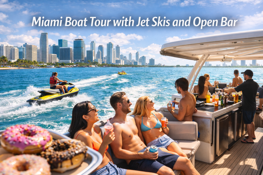 Miami boat tour with jet skis and open bar showing guests relaxing on a luxury boat, jet skiers riding across turquoise water, and the Miami skyline under bright daylight
