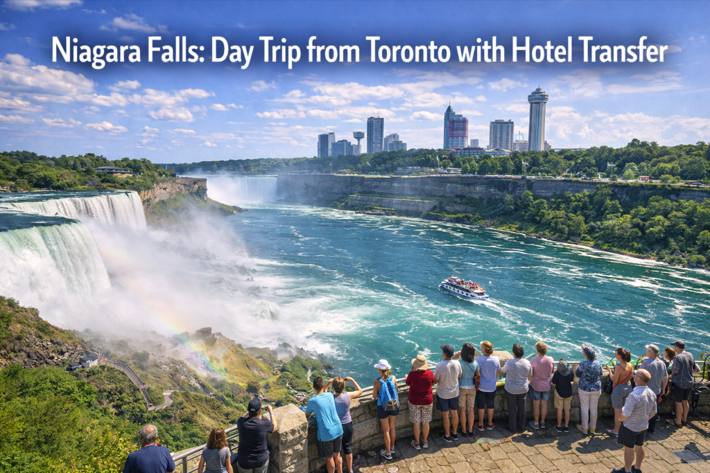 Niagara Falls day trip from Toronto showing Horseshoe Falls in daylight with tour bus arrival, misty waterfalls, scenic viewpoints, and visitors exploring the area