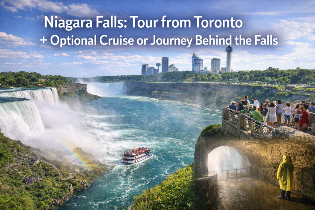 Niagara Falls tour from Toronto showing Horseshoe Falls in daylight with Hornblower boat cruise, Journey Behind the Falls tunnel viewpoint, mist, rainbow, and scenic lookouts