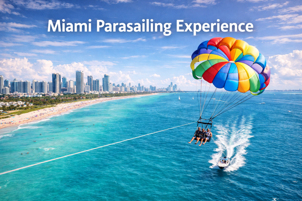 Parasailing experience in Miami with riders soaring above turquoise ocean waters and South Beach skyline under bright daylight