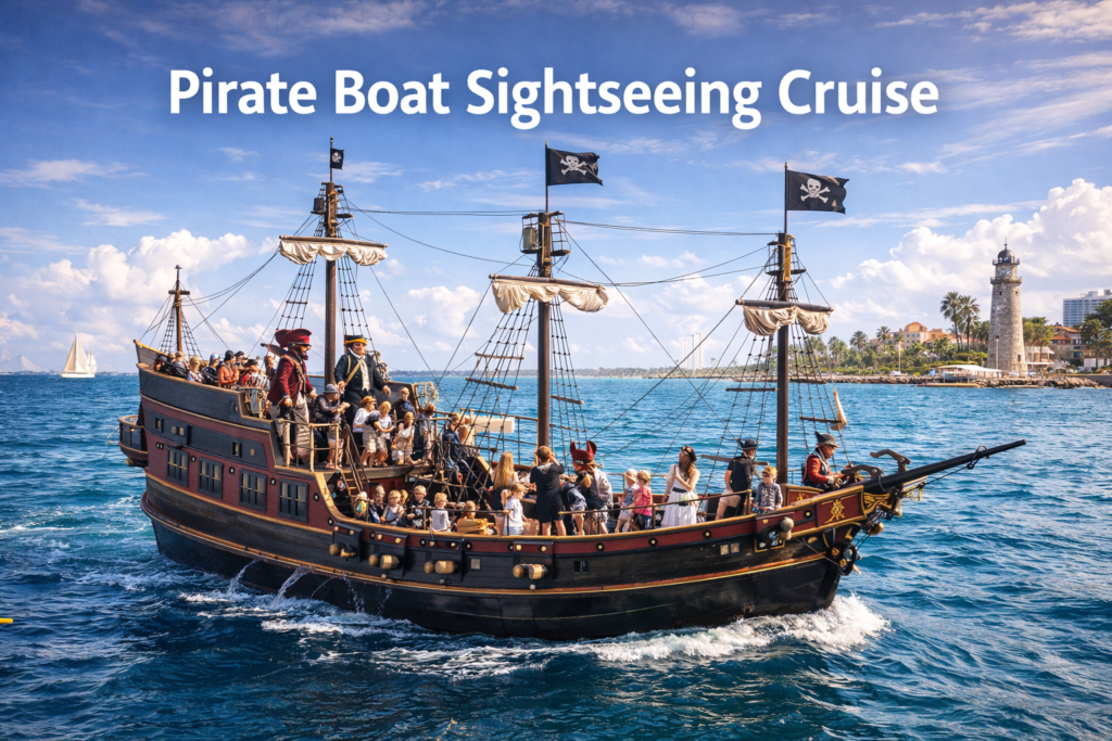 Pirate boat sightseeing cruise with costumed pirates, families, and children sailing on a themed pirate ship across blue coastal waters under bright daylight