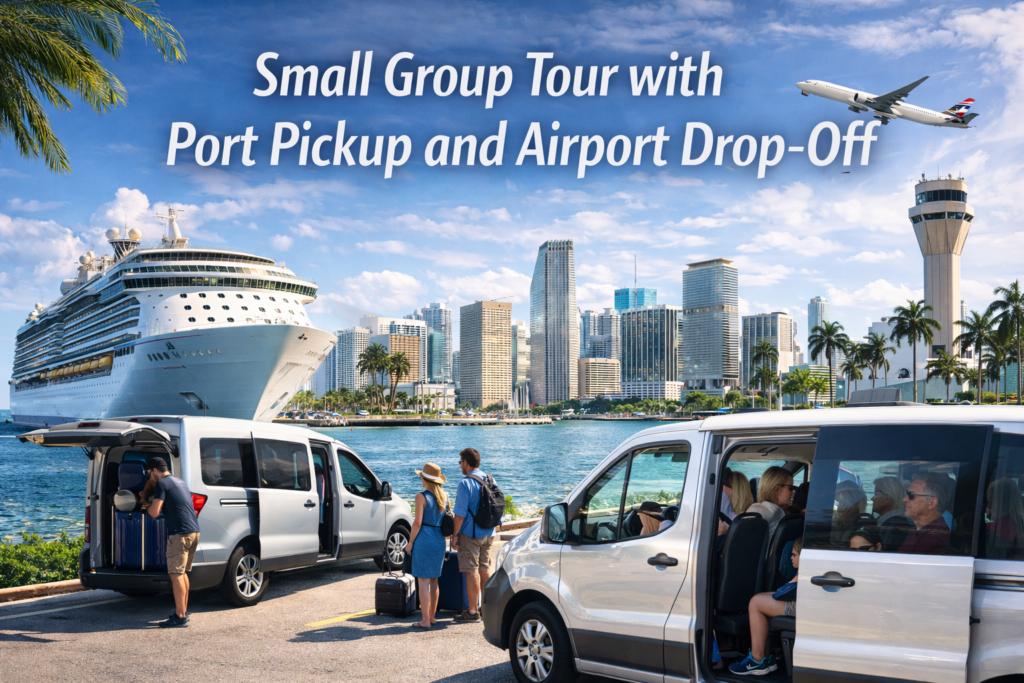 Small group tour with port pickup and airport drop off showing travelers loading luggage into a van near a cruise ship, Miami skyline, airport control tower, and airplane overhead