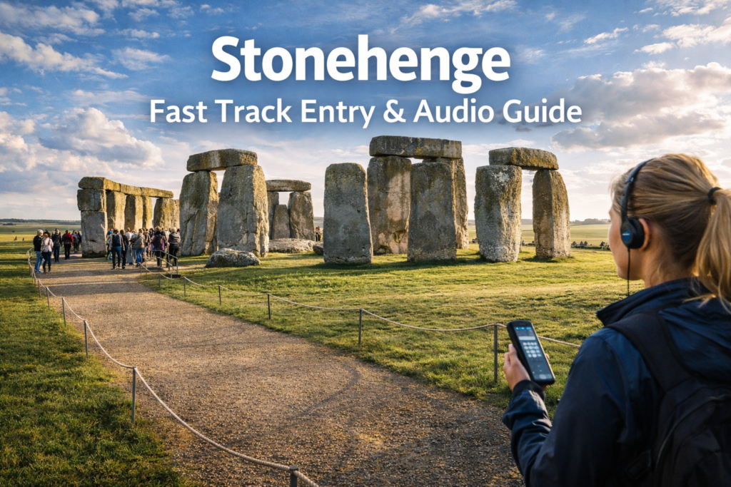Stonehenge fast track entry experience with audio guide, showing the iconic stone circle under bright daylight on Salisbury Plain, England