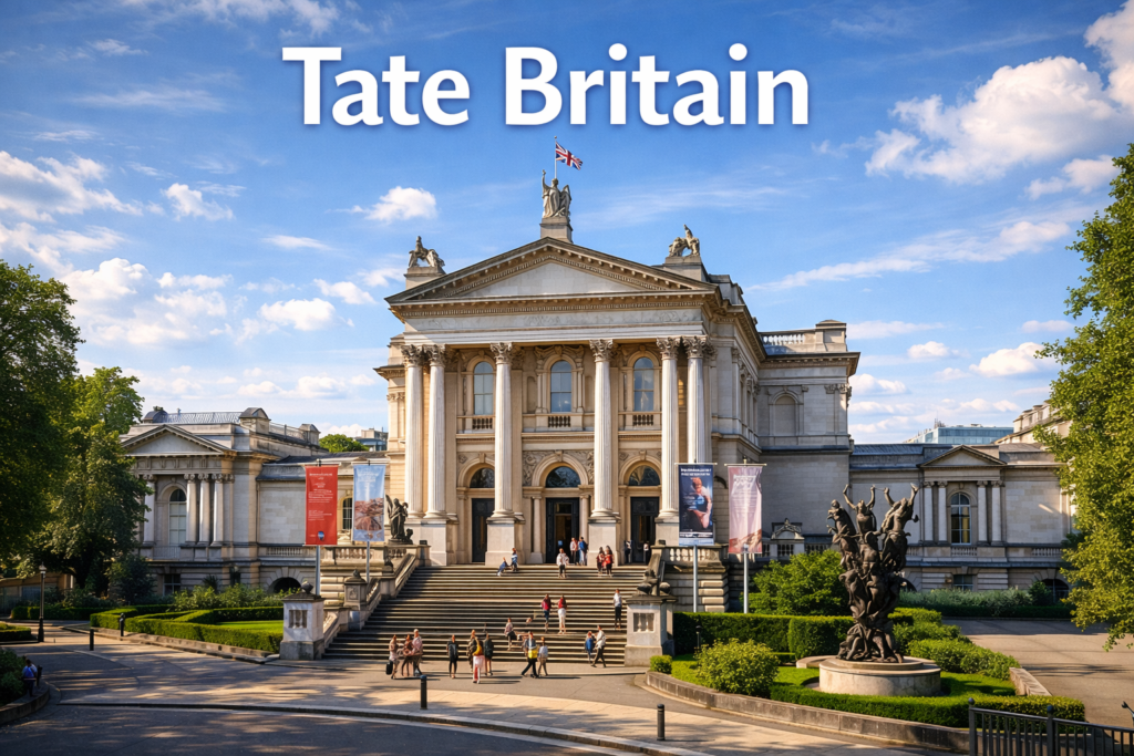 Tate Britain London exterior with grand neoclassical façade Corinthian columns and visitors under bright daylight beside the River Thames
