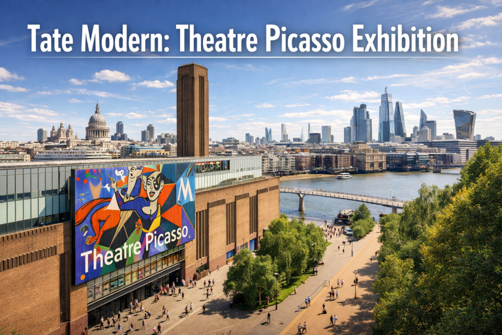 Tate Modern Theatre Picasso Exhibition with Bankside Power Station, River Thames, St Paul’s Cathedral, and London skyline under bright daylight