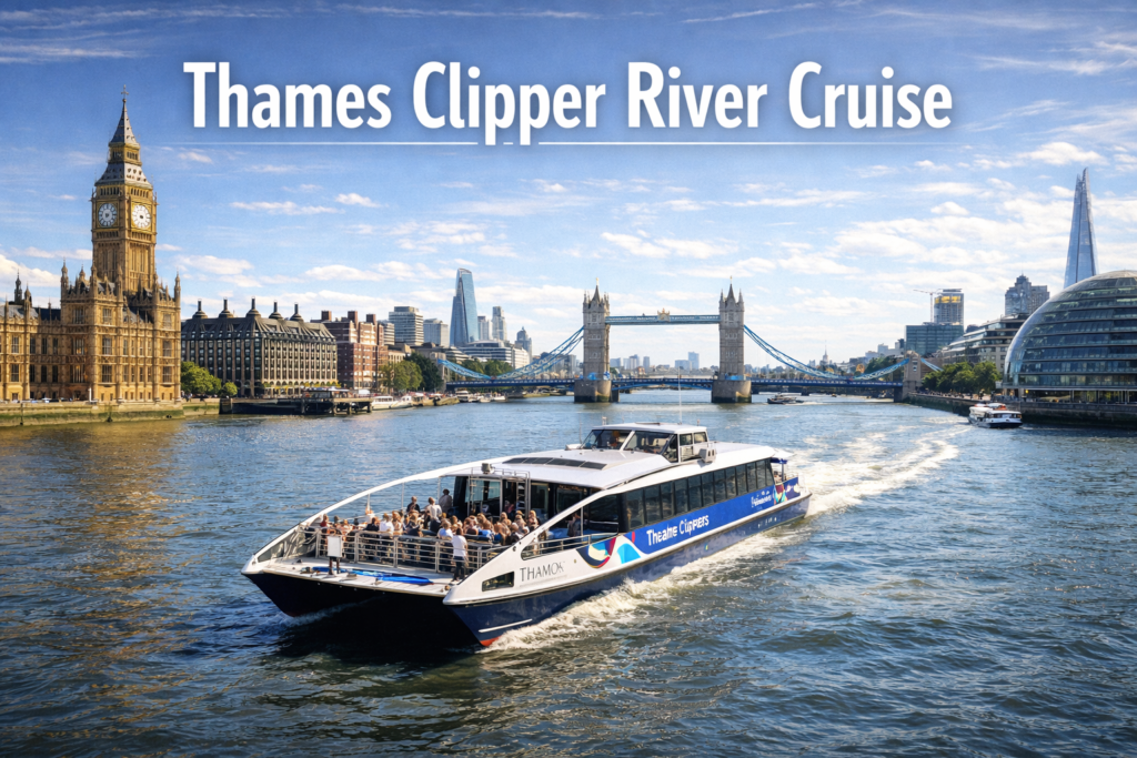 Thames Clipper sightseeing cruise sailing on the River Thames with Big Ben, Tower Bridge, and London skyline under bright daylight