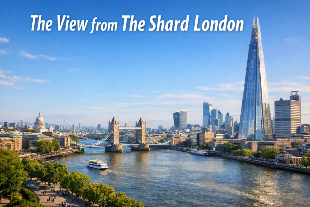 The View from The Shard London showing a panoramic daytime skyline with the River Thames, Tower Bridge, St Paul’s Cathedral, and modern cityscape seen from the tallest building in the UK