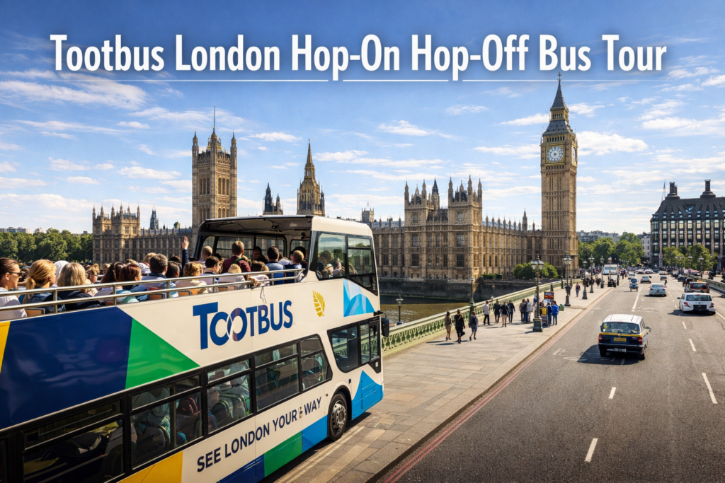Tootbus London hop-on hop-off bus crossing Westminster Bridge with Big Ben, Houses of Parliament, and the River Thames in bright daylight