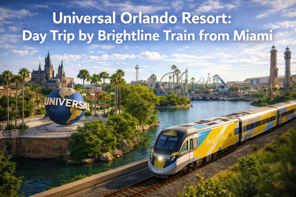 Universal Orlando Resort day trip by Brightline train from Miami featuring the Universal globe, theme park skyline, and a Brightline train crossing water under a sunny blue sky.