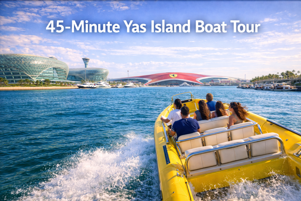 Bright daytime panoramic view of a speed boat tour cruising along Yas Island Abu Dhabi, featuring turquoise waters, Yas Marina skyline, modern waterfront architecture, and tourists enjoying a 45 minute boat ride under clear skies.