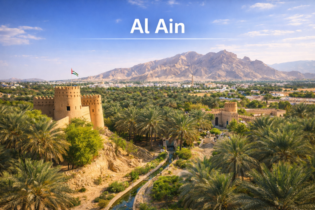 Al Ain oasis city with lush palm groves, falaj irrigation channels, Jebel Hafeet mountains, historic forts, and green landscapes under bright daylight in Abu Dhabi emirate