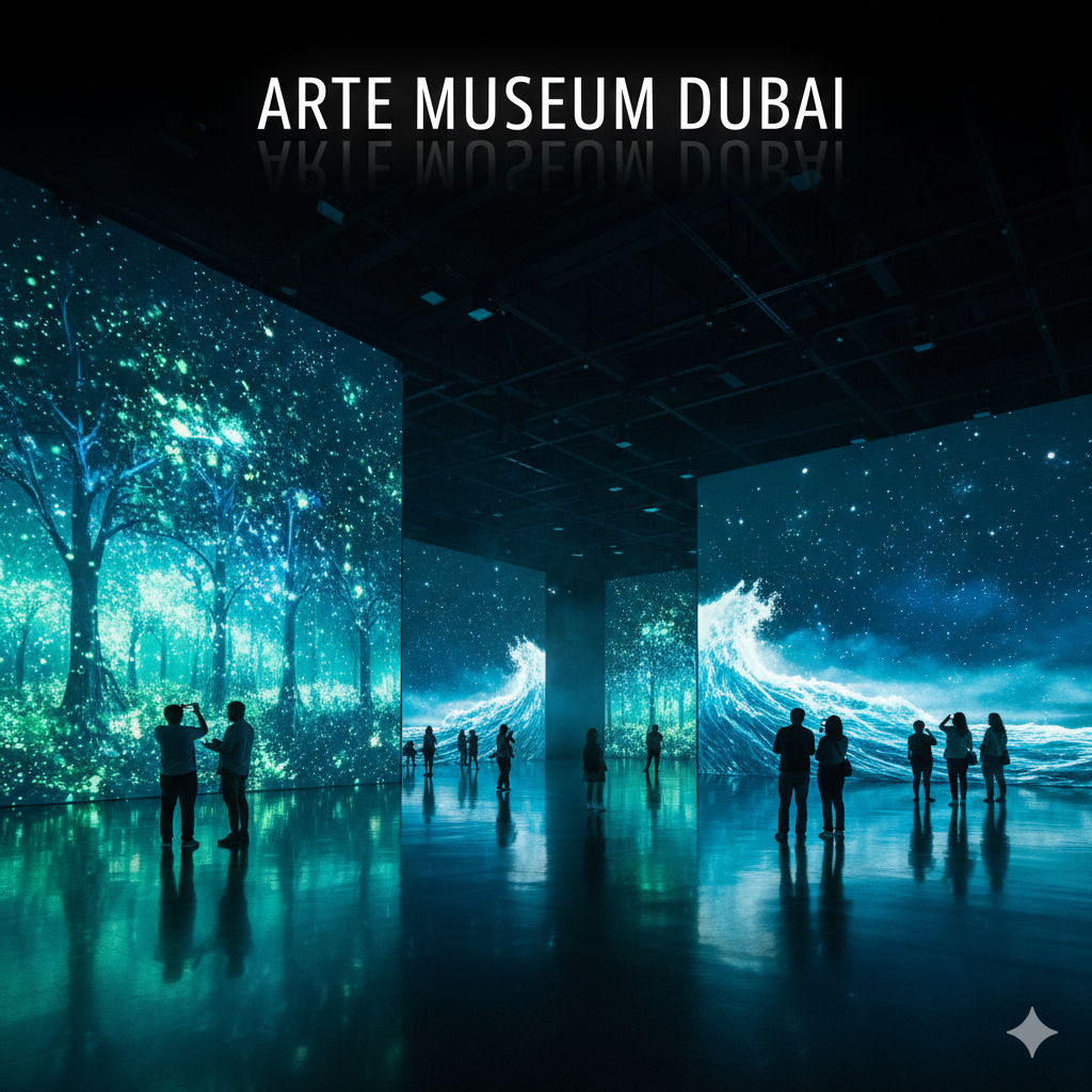 Immersive digital art installations at ARTE Museum Dubai featuring interactive light and projection exhibits, perfect for families and photography enthusiasts.