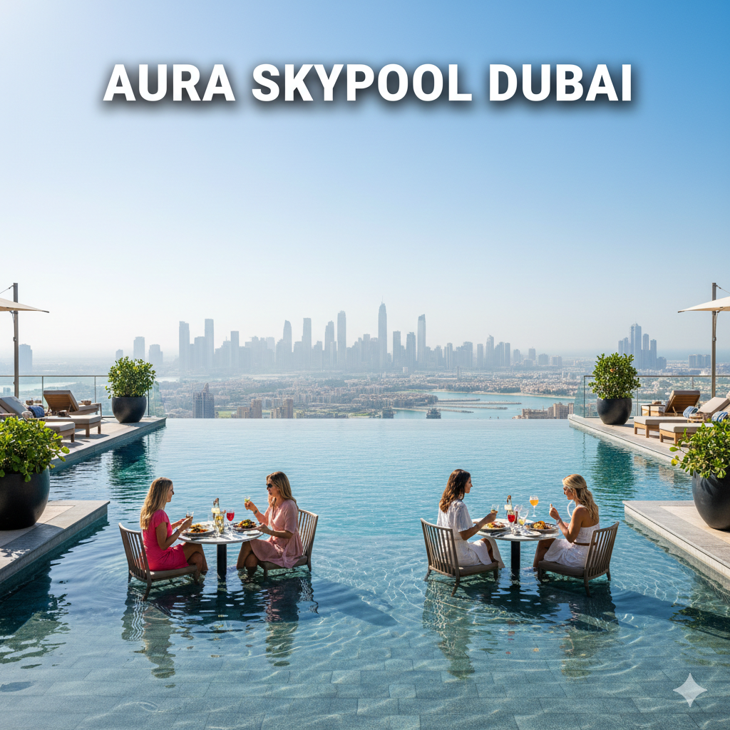 AURA SKYPOOL Dubai during Lunch in the Sky experience, featuring an infinity pool suspended 200 meters above Palm Jumeirah with panoramic city and sea views.