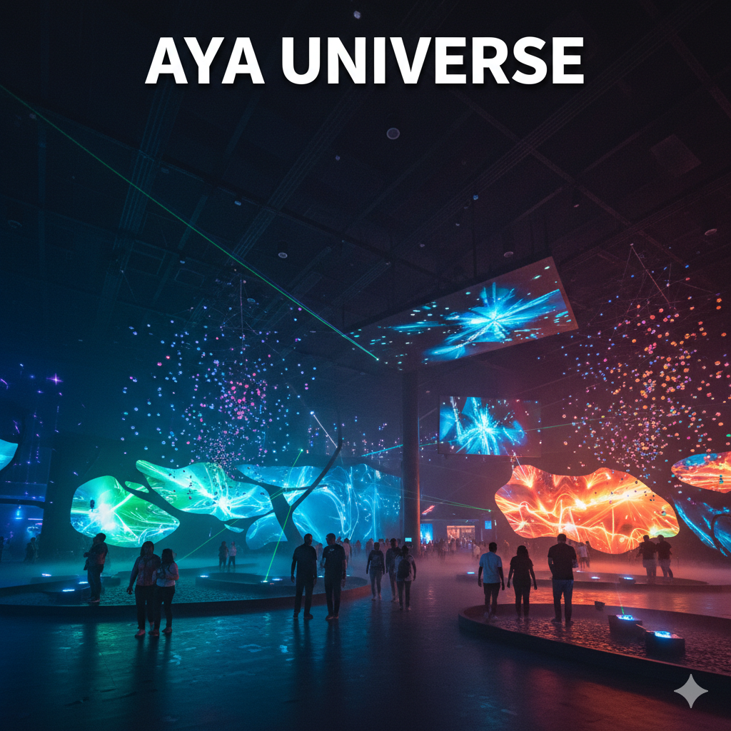 Immersive digital art experience inside AYA Universe Dubai featuring glowing light installations futuristic rooms and interactive visual effects.
