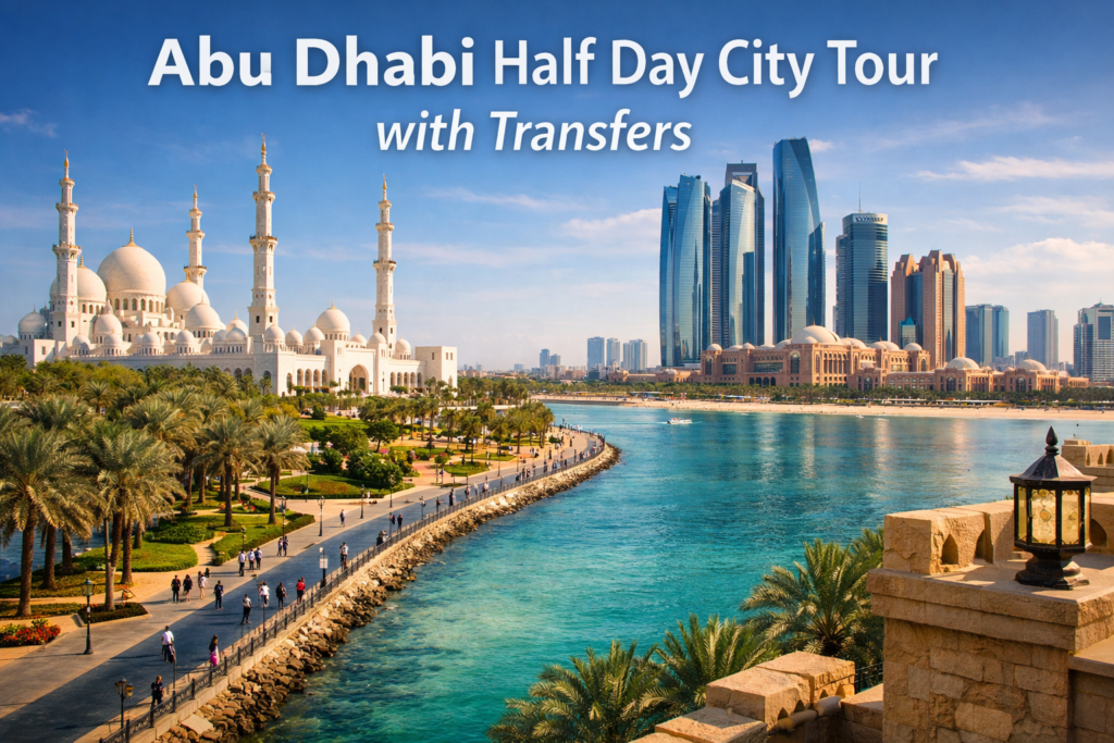 Abu Dhabi half day city tour featuring Sheikh Zayed Grand Mosque, Corniche waterfront, turquoise sea, and modern skyline under bright daylight