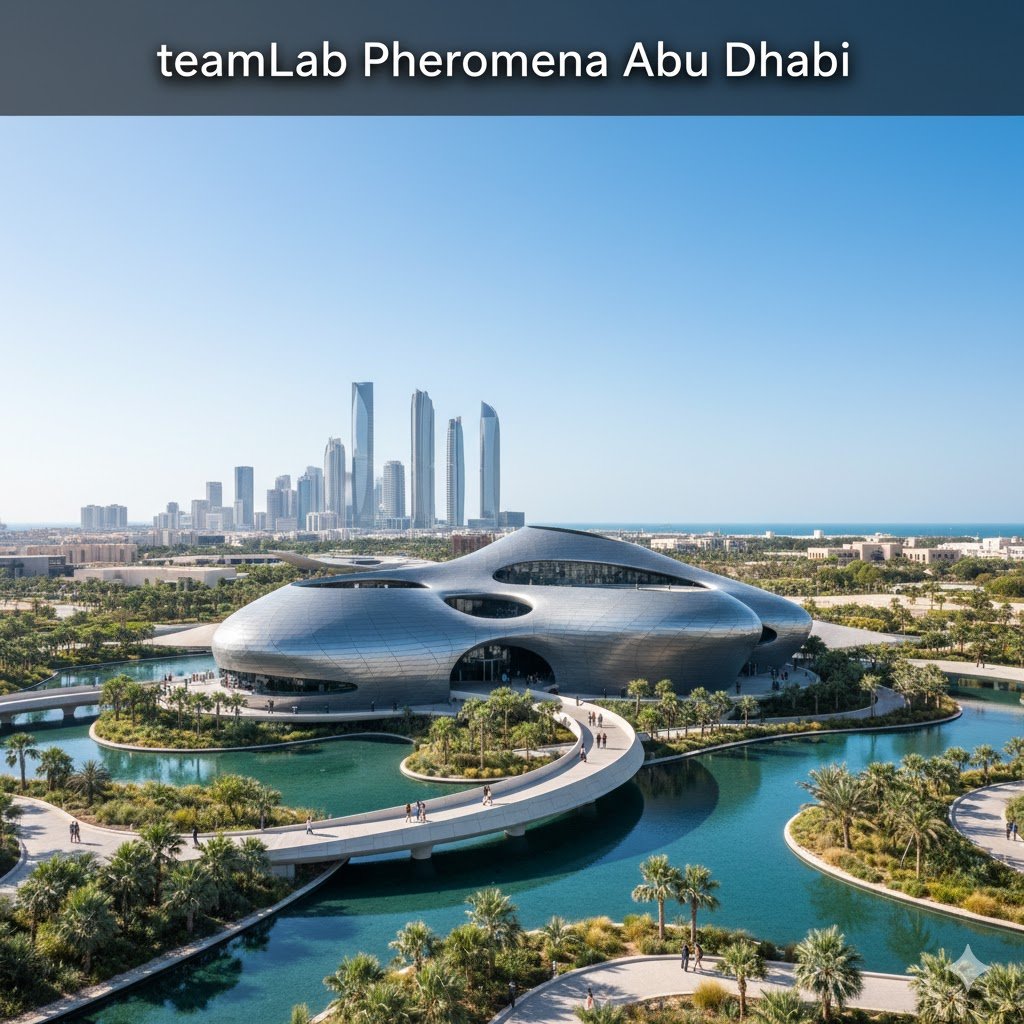 A highly realistic, cinematic landscape of teamLab Phenomena Abu Dhabi, showing its unique, organic white architectural structure under a bright blue sky with a modern walkway and surrounding greenery.