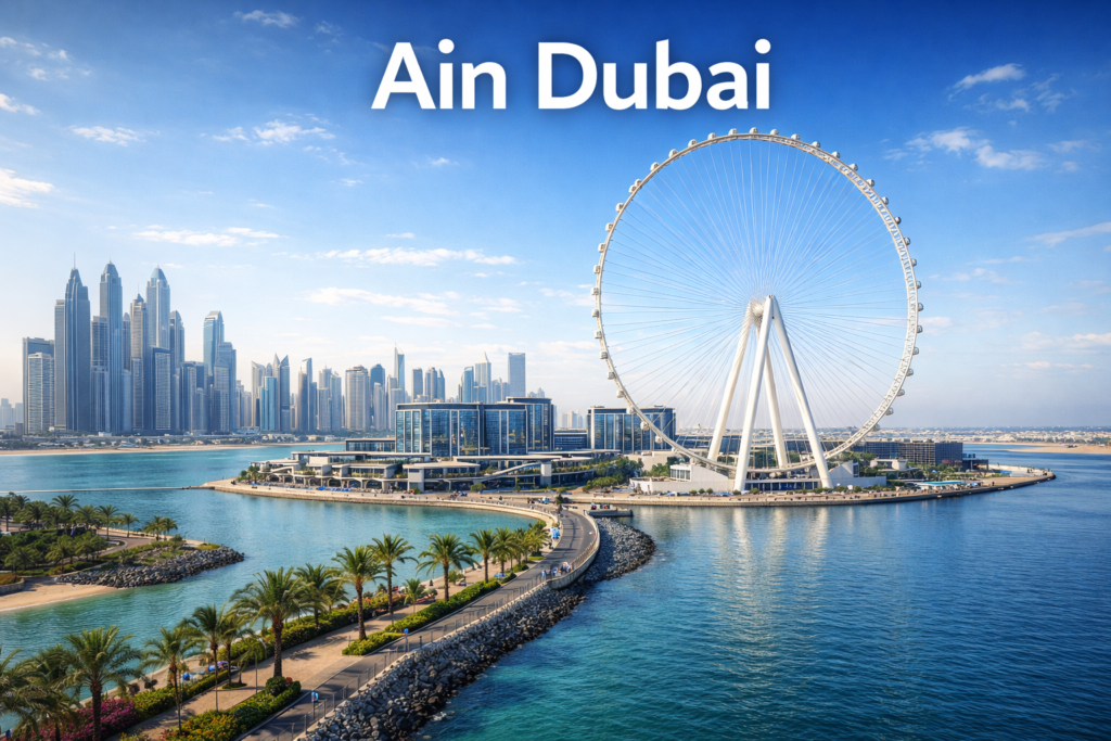 A stunning daytime view of Ain Dubai observation wheel on Bluewaters Island, Dubai Marina skyline in the background, with clear skies, vibrant natural colors, and cinematic lighting, featuring scenic walkways and coastal surroundings.