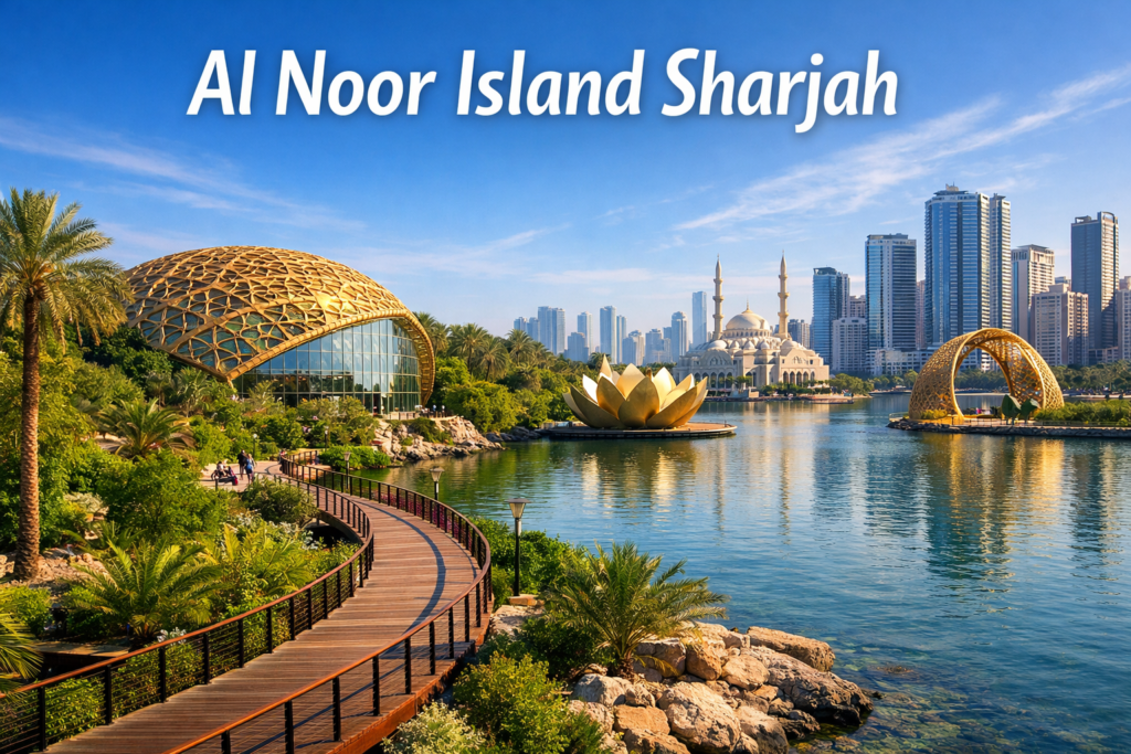 Al Noor Island Sharjah landscape with scenic wooden walkway, Butterfly House, modern art sculptures, lagoon water, and Sharjah skyline under bright daylight