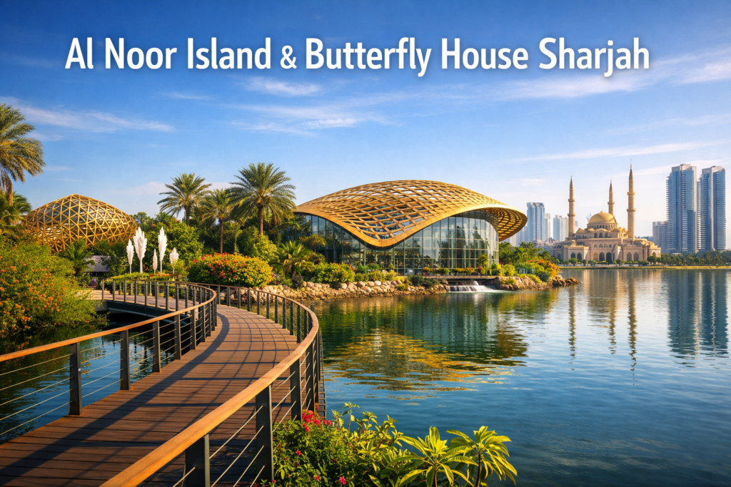 Al Noor Island and Butterfly House Sharjah with scenic wooden walkway lush greenery modern architecture calm lagoon and Sharjah skyline under bright daylight