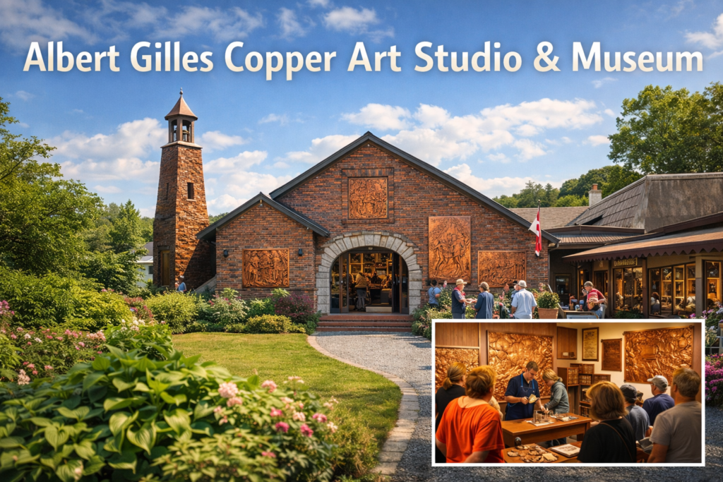 Albert Gilles Copper Art Studio and Museum in Charlevoix showcasing historic architecture copper artwork and artisan workshop in bright daylight