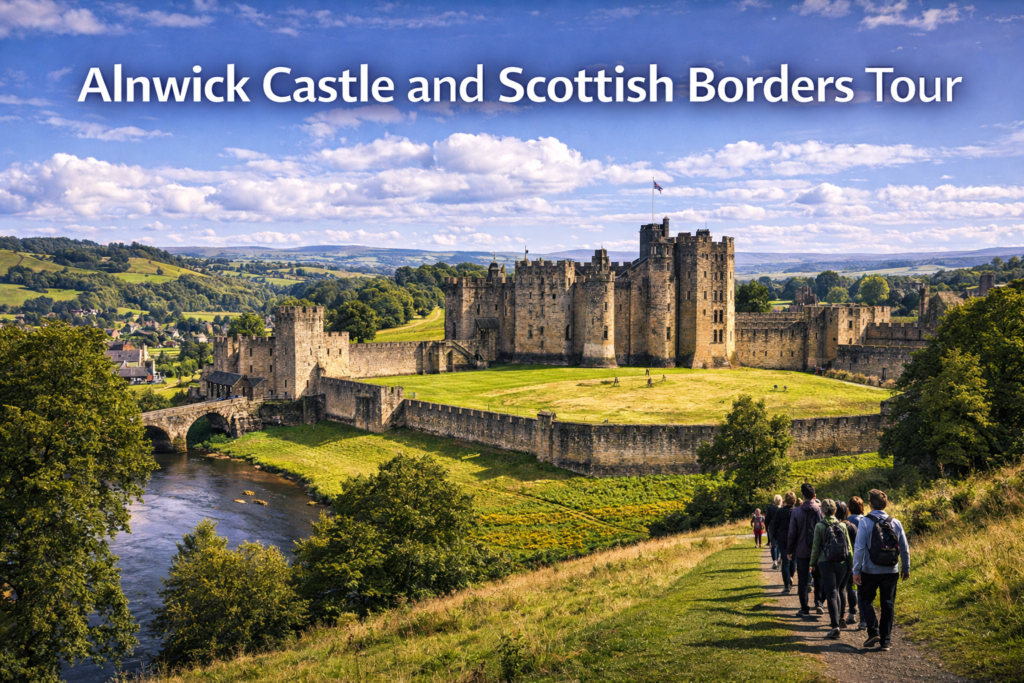 Alnwick Castle and Scottish Borders tour showcasing the historic medieval castle, rolling countryside, stone walls, and scenic landscapes under bright daylight.