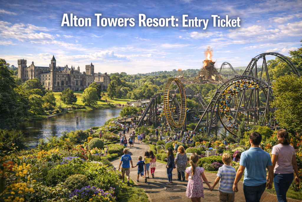 Alton Towers Resort theme park in England featuring iconic roller coasters, landscaped gardens, and historic towers under bright daylight, showcasing a cinematic travel scene for entry ticket visitors.
