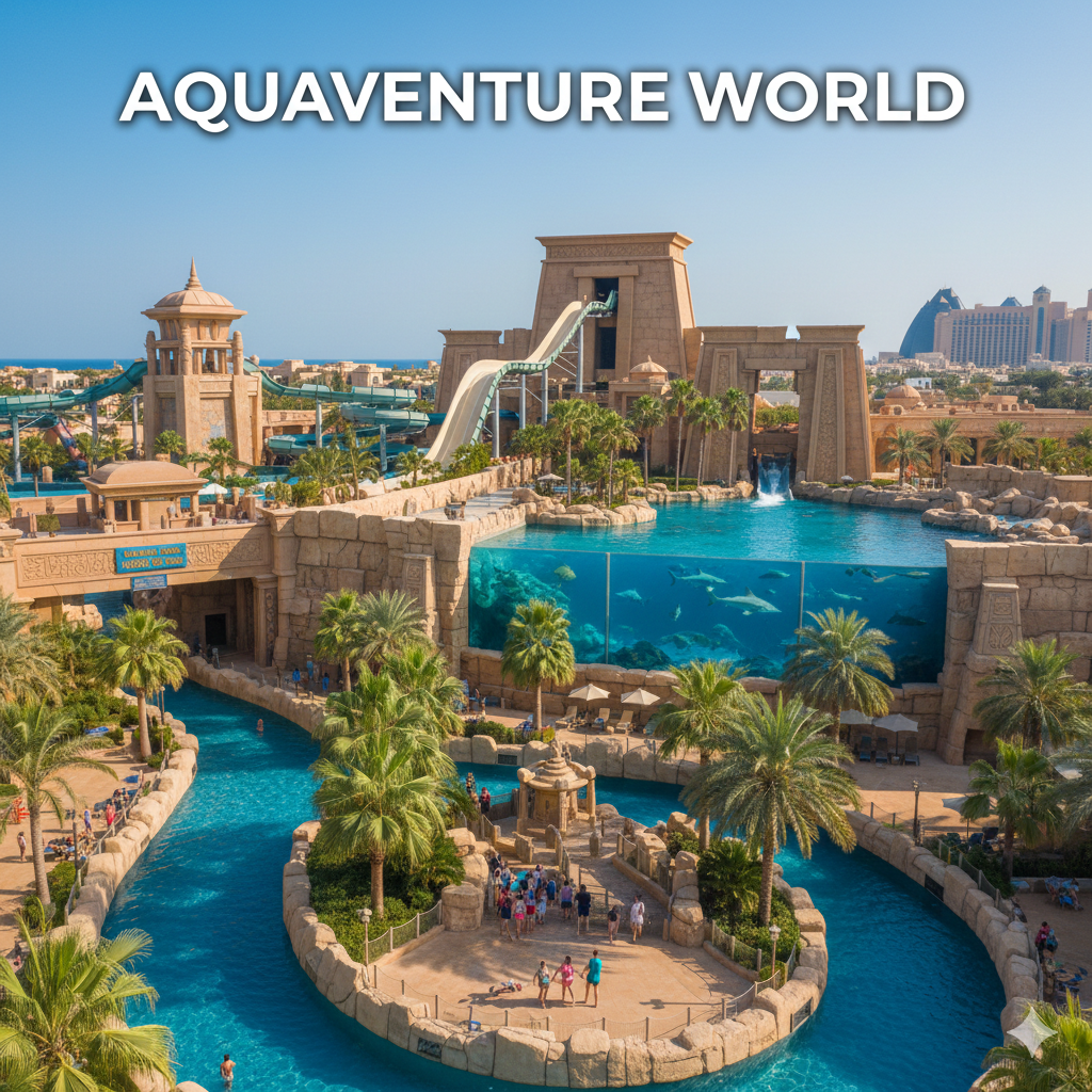 High-resolution landscape of Aquaventure World in Dubai featuring water slides, wave pools, lazy rivers, and the Lost World Aquarium with marine life, set against the iconic Atlantis The Palm and Dubai coastline under bright daylight.