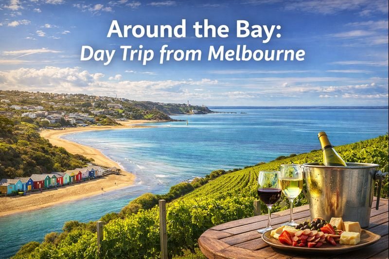 Around the Bay day trip from Melbourne featuring coastal beaches, colorful beach huts, Port Phillip Bay views, vineyards, and food and wine tasting experience