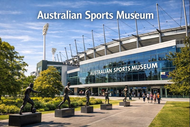 Australian Sports Museum at the Melbourne Cricket Ground featuring athlete statues, modern glass façade, iconic stadium structure, and visitors walking through landscaped grounds under bright daylight
