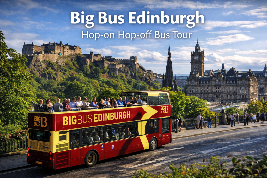 Big Bus Edinburgh Hop-on Hop-off sightseeing bus passing Edinburgh Castle with historic city skyline under bright daylight