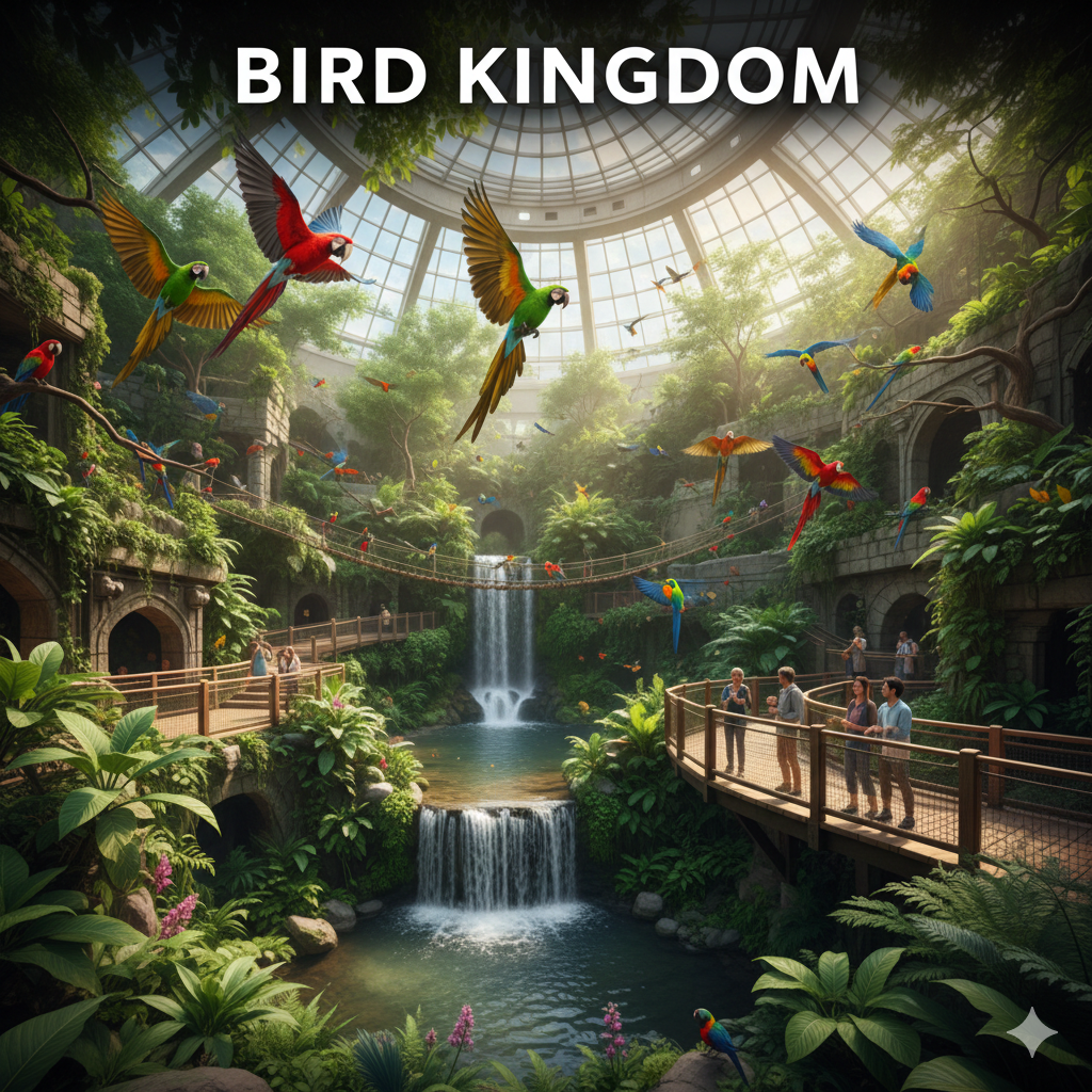 Free-flying tropical birds inside Bird Kingdom, surrounded by lush indoor rainforest plants, waterfalls, and wooden walkways.